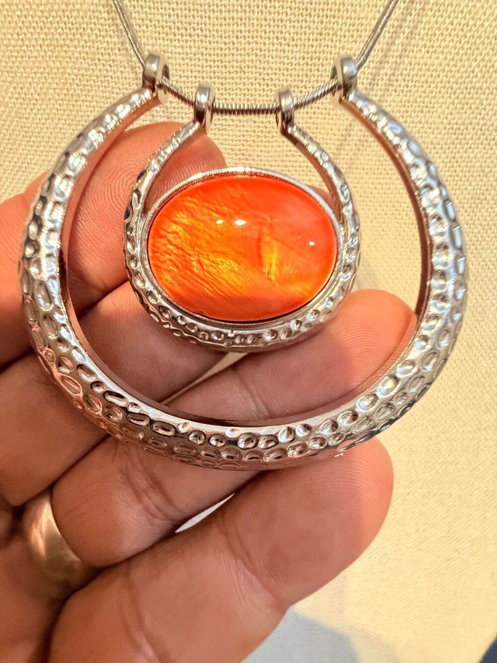 Vintage Orange Cabochon Pendant Necklace 18”